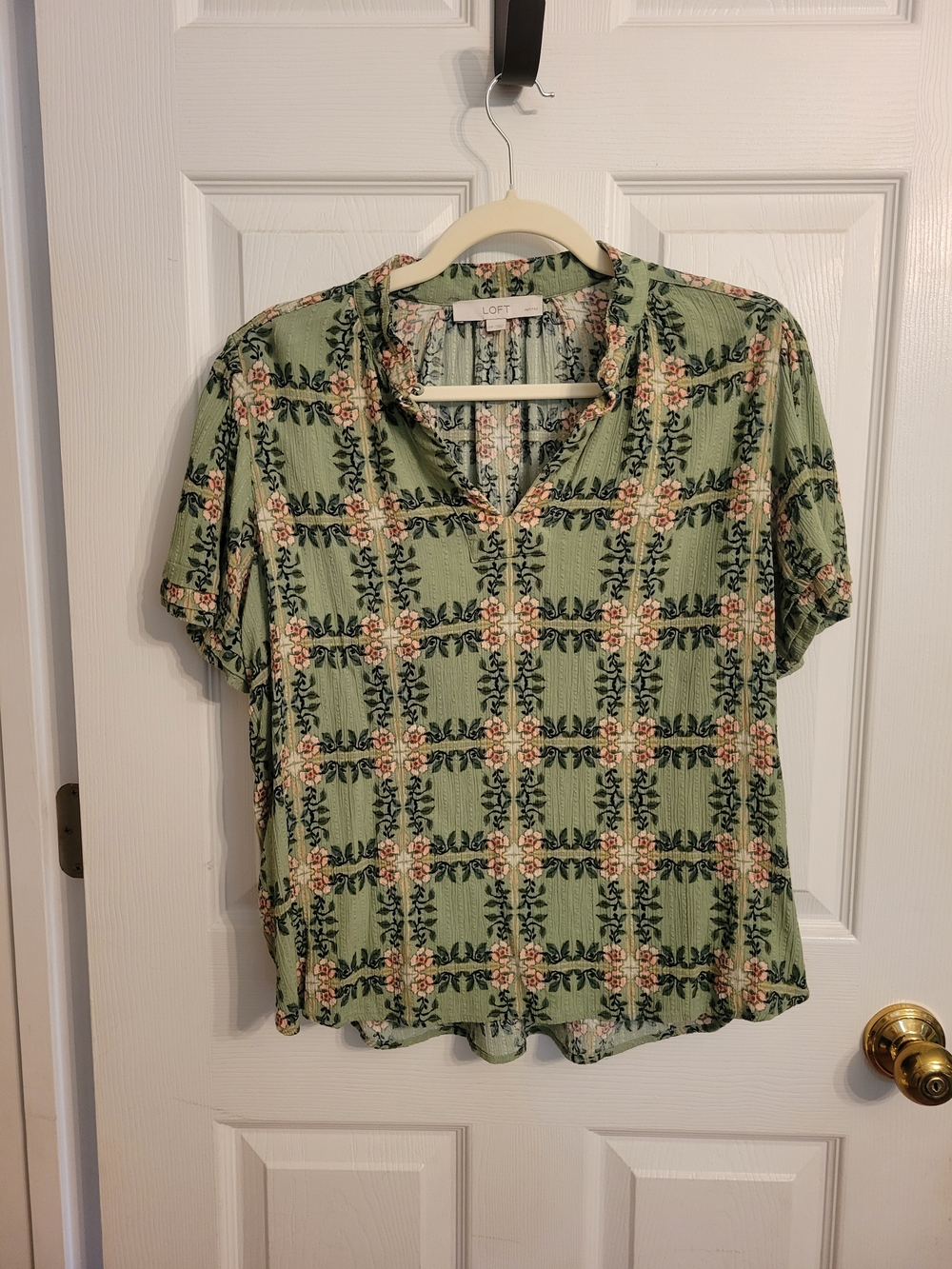 LOFT Sage Green Floral Grid Short Sleeve Blouse
